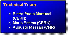 Text Box: Technical Team
Pietro Paolo Martucci (CERN)
Mario Estima (CERN)
Augusto Massari (CNR)
